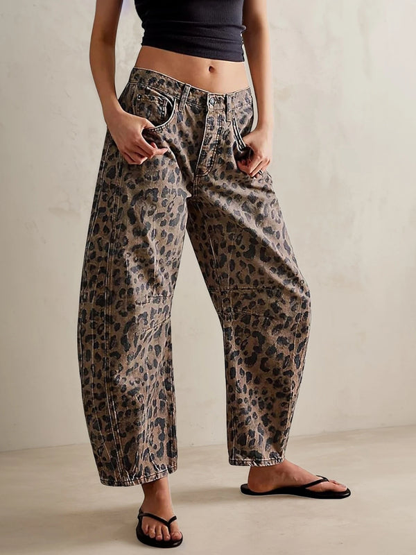 Women's Y2K Style Mid Waist Leopard Print Wide Leg Jeans - Fashionable Loose Straight Leg Casual Pants, Versatile for Everyday Wear