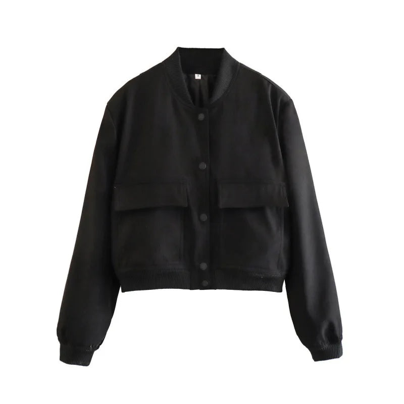 Women's Casual Bomber Jacket with Front Buttons & Flap Pockets - Stylish Lightweight Outerwear