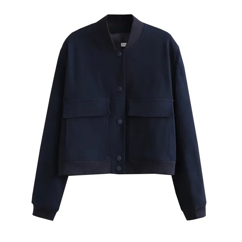 Women's Casual Bomber Jacket with Front Buttons & Flap Pockets - Stylish Lightweight Outerwear