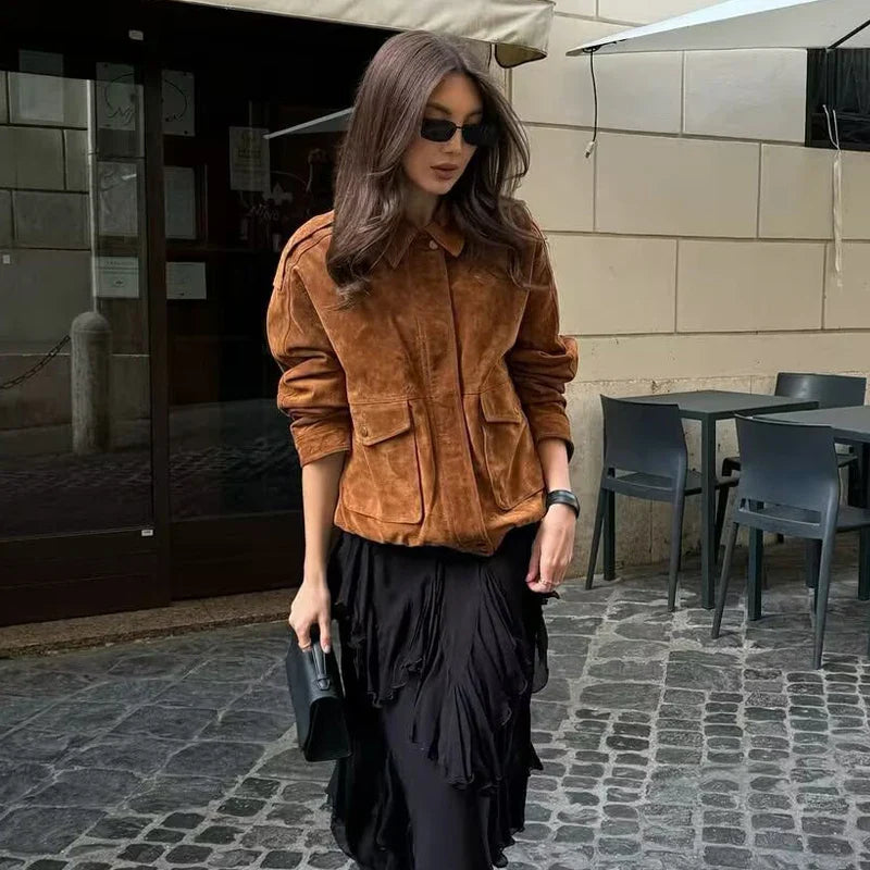 Trendy Women's Streetwear Bomber Jacket with Snap Buttons & Flap Pockets - Stylish Urban Outerwear