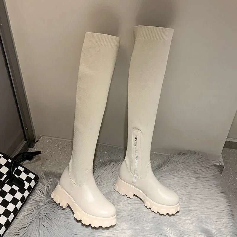 Women's Stretch Fit Knee High Boots - Chunky Lug Sole & Side Zip Closure for Comfort and Style