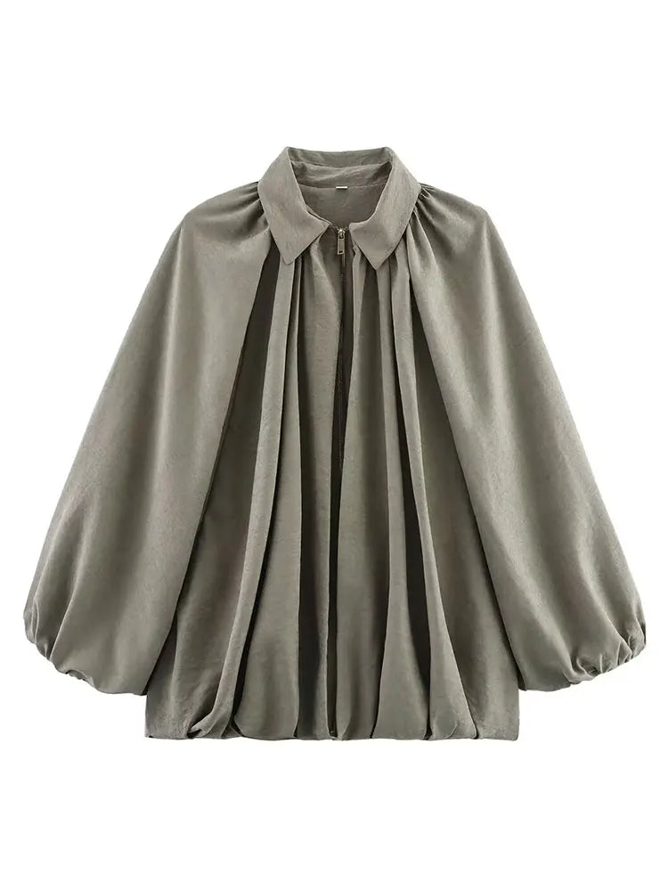 Women's Loose Fit Bomber Jacket - Long Puff Sleeves, Zip Front Closure, Stylish Casual Outerwear