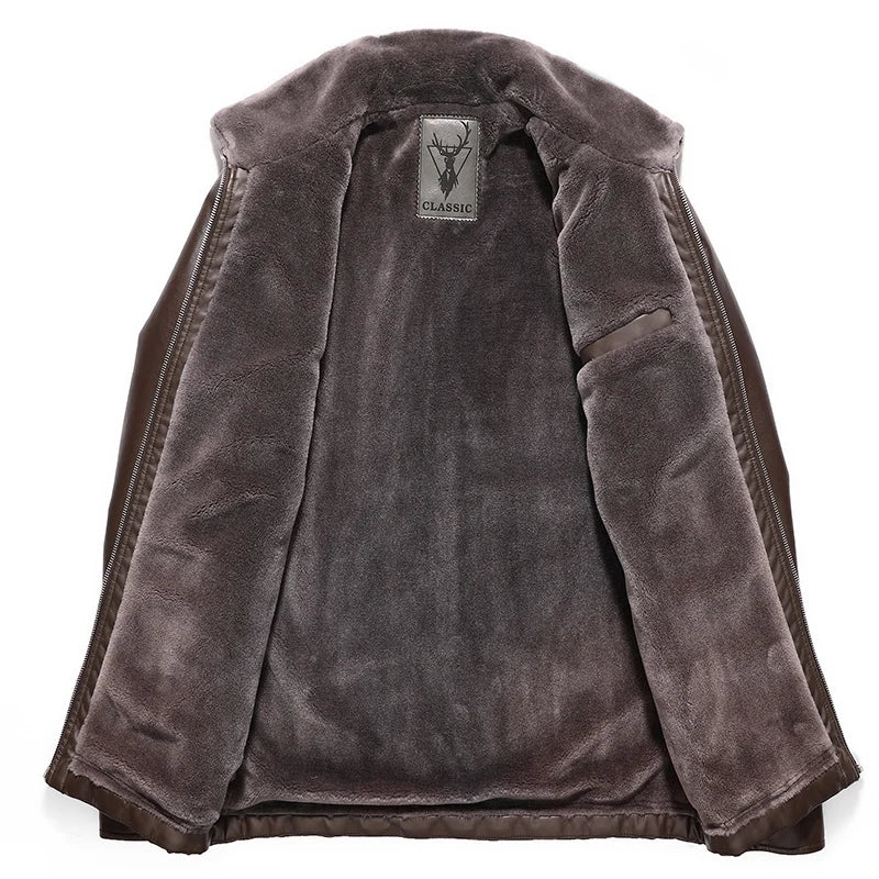 Leather Jacket Men Winter Fleece Warm Motorcycle Coats