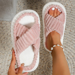 Women's Plush Cross-Band Open Toe Slippers - Soft Cushioned Sole for Ultimate Comfort