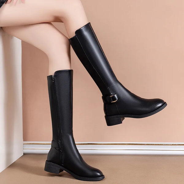 Stylish Women's Black Knee High Boots with Metal Buckle & Side Zip Closure - Perfect for Fall Fashion
