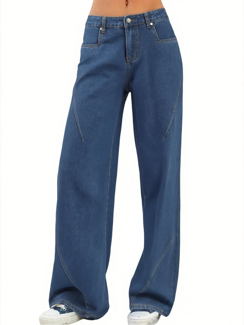 Women's Dark Blue Loose Wide-Leg Denim Jeans with Stylish Seam Detail | Comfortable & Trendy Fit