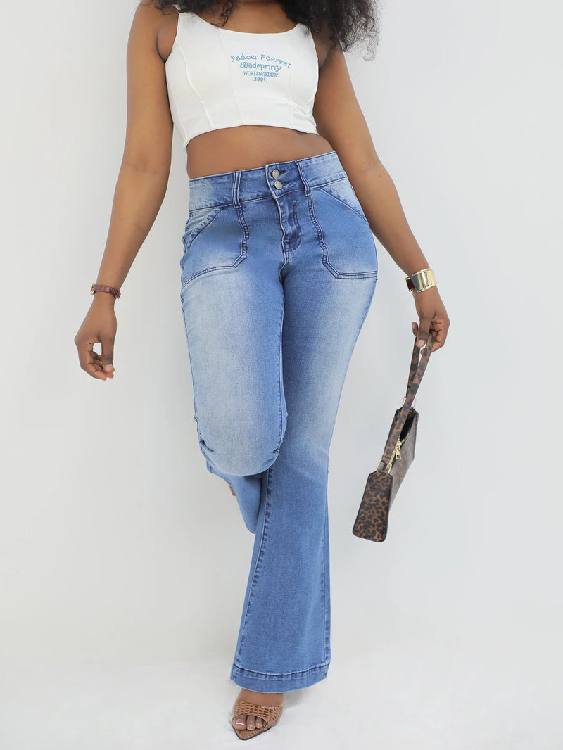 Women's Light Blue Flare Jeans - Comfortable Stretch Fabric, Figure-Hugging Fit, Elegant & Stylish Design
