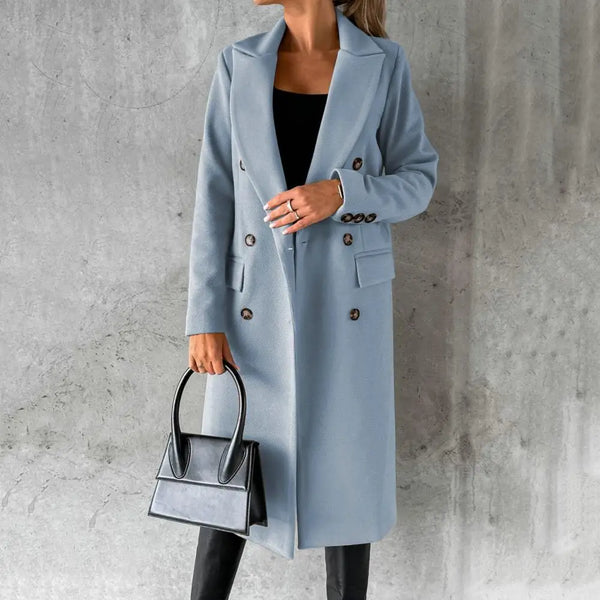 Women's Double-Breasted Long Trench Coat with Button Cuffs - Stylish & Classic Outerwear