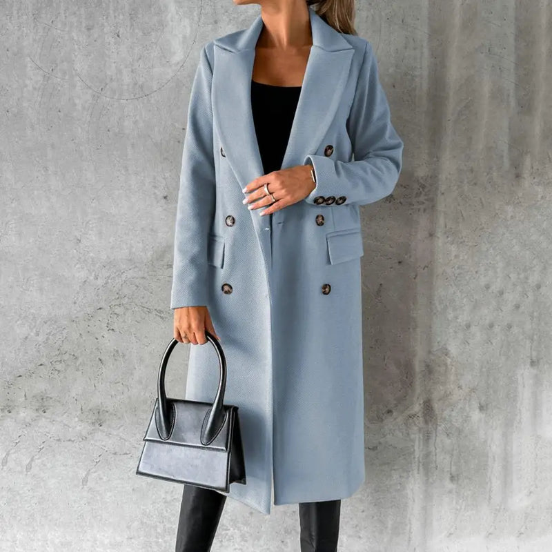 Women's Double-Breasted Long Trench Coat with Button Cuffs - Stylish & Classic Outerwear