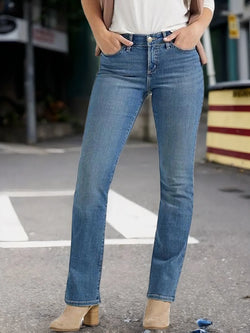 Women's Mid Waist Slim Fit Straight Leg Jeans - Elastic, Slanted Pockets, Machine Washable, Perfect for Everyday Wear