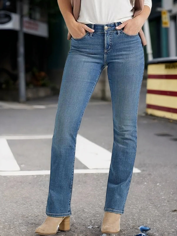 Women's Mid Waist Slim Fit Straight Leg Jeans - Elastic, Slanted Pockets, Machine Washable, Perfect for Everyday Wear