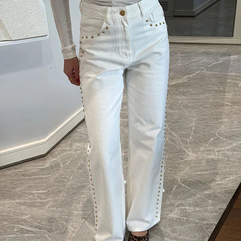 Women's High Waist White Denim Jeans with Floral Hollow Out - Loose Fit Summer & Autumn Streetwear Trousers 2025
