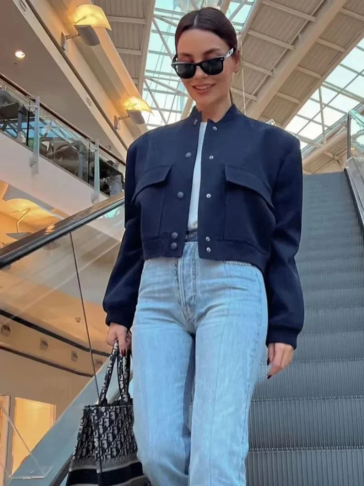 Stylish Women's Cropped Bomber Jacket with Snap Buttons & Utility Pockets - Trendy Outerwear for Casual Chic Looks