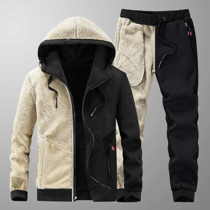 Men's Winter Tracksuit Set - Warm Fleece Hoodie & Pants, Thick Cashmere Sweatshirt, Casual Athletic Wear, Cozy Fur-Lined Jacket, Stylish Brand Activewear for Cold Weather