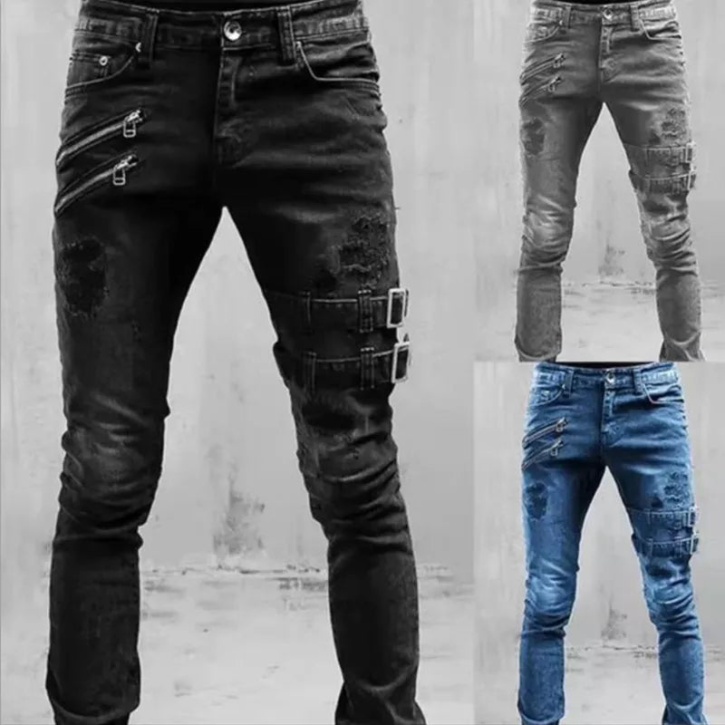 Men's Punk Skinny Ripped Biker Jeans with Buckle - Stylish Motorcycle Pants