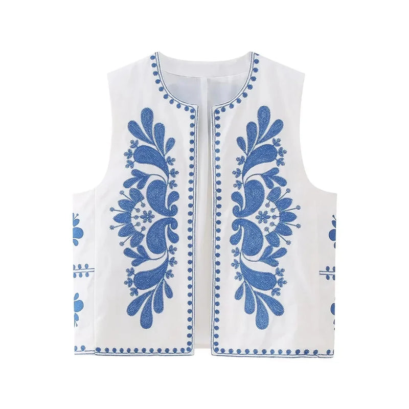 Women's Floral Embroidered Sleeveless Vest - Stylish Summer Top with Elegant Detailing