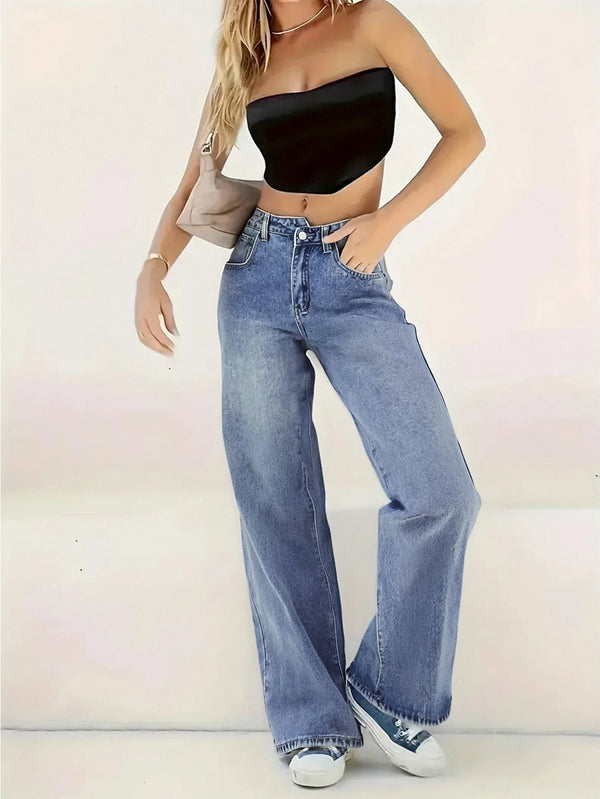 Trendy Light Blue Wide-Leg Jeans for Women | Relaxed Fit Casual Denim Pants