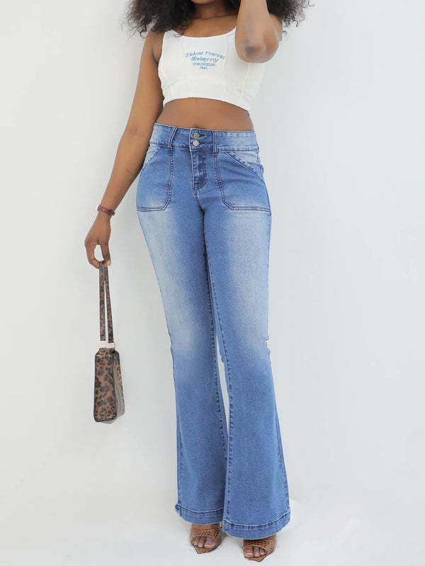 Women's Light Blue Flare Jeans - Comfortable Stretch Fabric, Figure-Hugging Fit, Elegant & Stylish Design