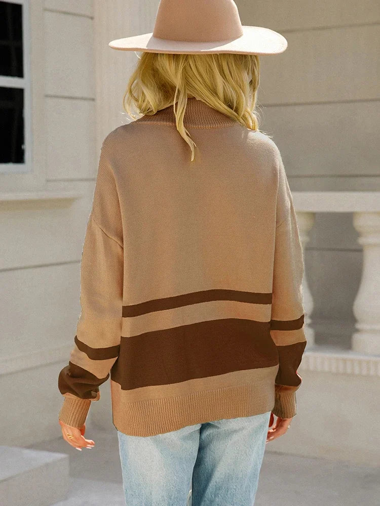 Women's Striped Patchwork Zip-Up Knit Jumper - Long Sleeve Casual Sweater for Fall/Winter Fashion