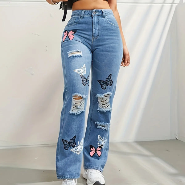 2024 Vintage Women's High Waist Distressed Denim Jeans - Casual Loose Fit Butterfly Print Straight Leg Trousers with Ripped Details