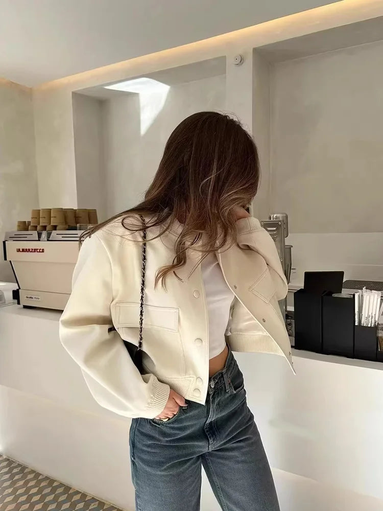 Women's Casual Bomber Jacket with Front Buttons & Flap Pockets - Stylish Lightweight Outerwear
