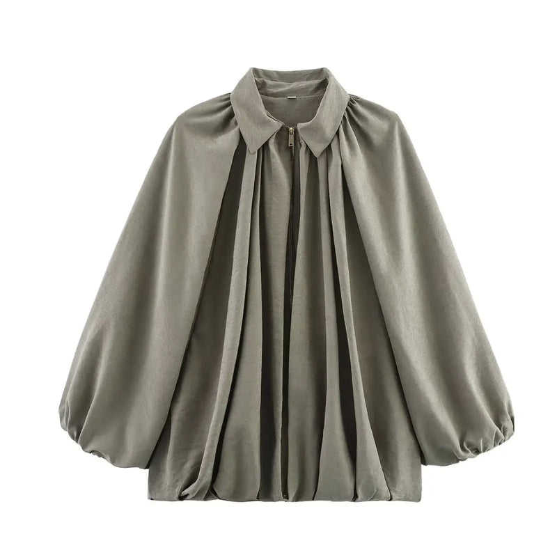 Women's Loose Fit Bomber Jacket - Long Puff Sleeves, Zip Front Closure, Stylish Casual Outerwear