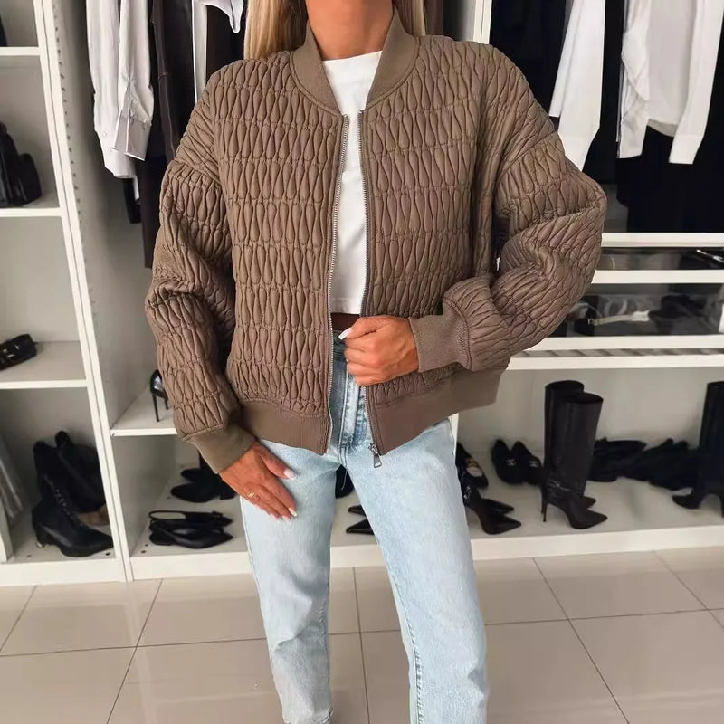 Stylish Women's Quilted Bomber Jacket - Zip Front, Ribbed Trim, Perfect for Fall Fashion