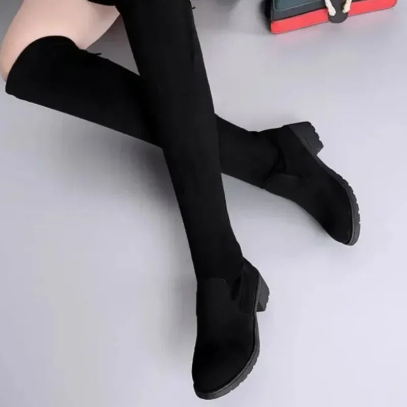 Stylish Women's Black Over-the-Knee Lace-Up Boots with Chunky High Heels – Trendy Footwear for Any Occasion