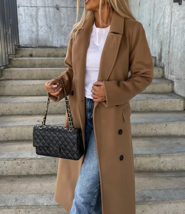 Women's Classic Fit Double-Breasted Winter Coat with Waist Belt - Stylish & Warm Outerwear