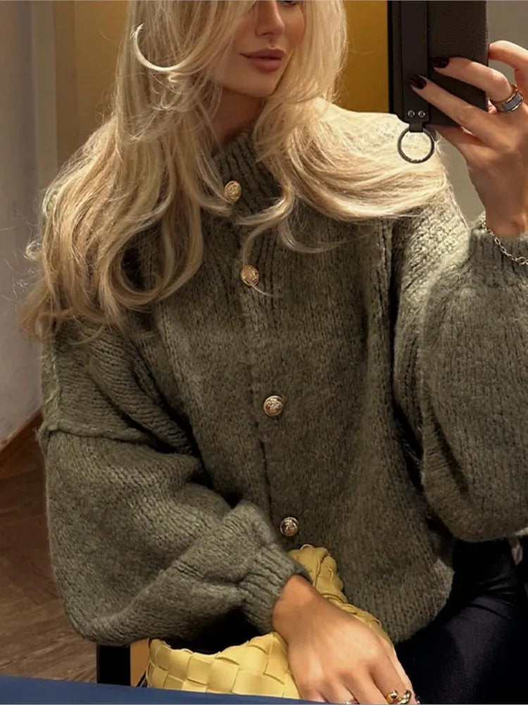 Women's Ribbed Neckline Button Cardigan - Cozy Knit Sweater with Cuffed Sleeves