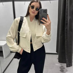 Women's Cropped Bomber Jacket with Baseball Collar & Snap Buttons - Stylish & Trendy Outerwear