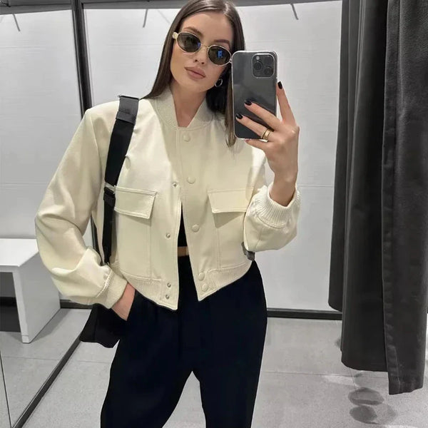 Women's Cropped Bomber Jacket with Baseball Collar & Snap Buttons - Stylish & Trendy Outerwear