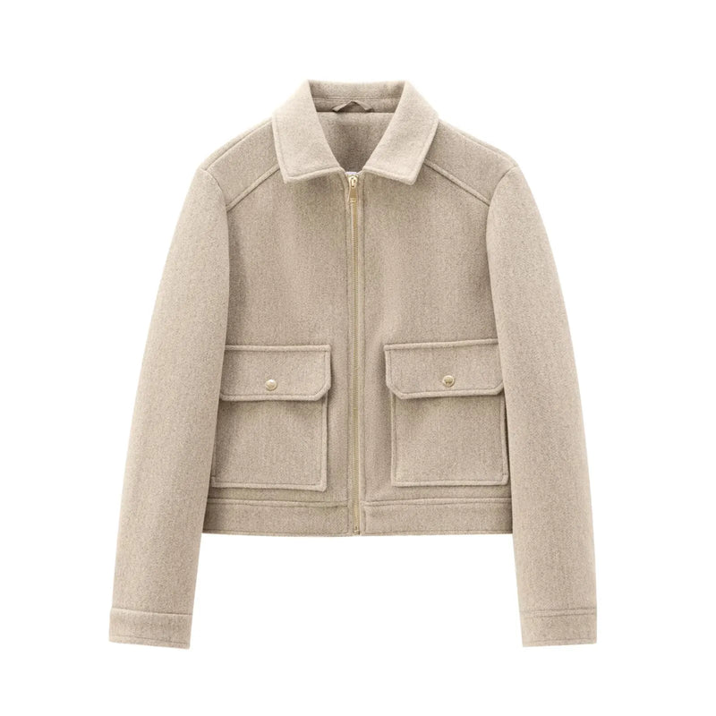 Women's Stylish Short Lapel Bomber Jacket - Zip Front & Flap Pockets - Trendy Casual Outerwear