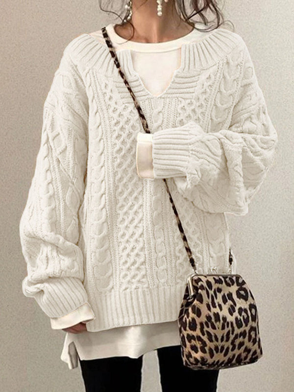 Women's Chunky Cable Knit Jumper - Notch Round Neck Sweater for Cozy Style