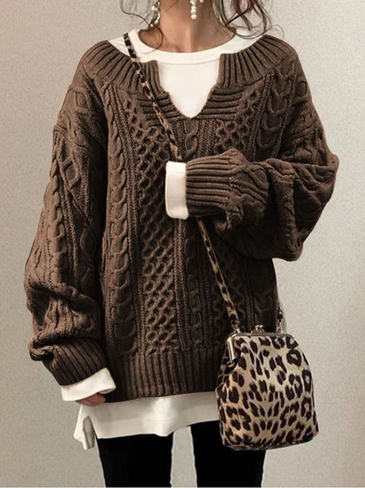 Women's Chunky Cable Knit Jumper - Notch Round Neck Sweater for Cozy Style