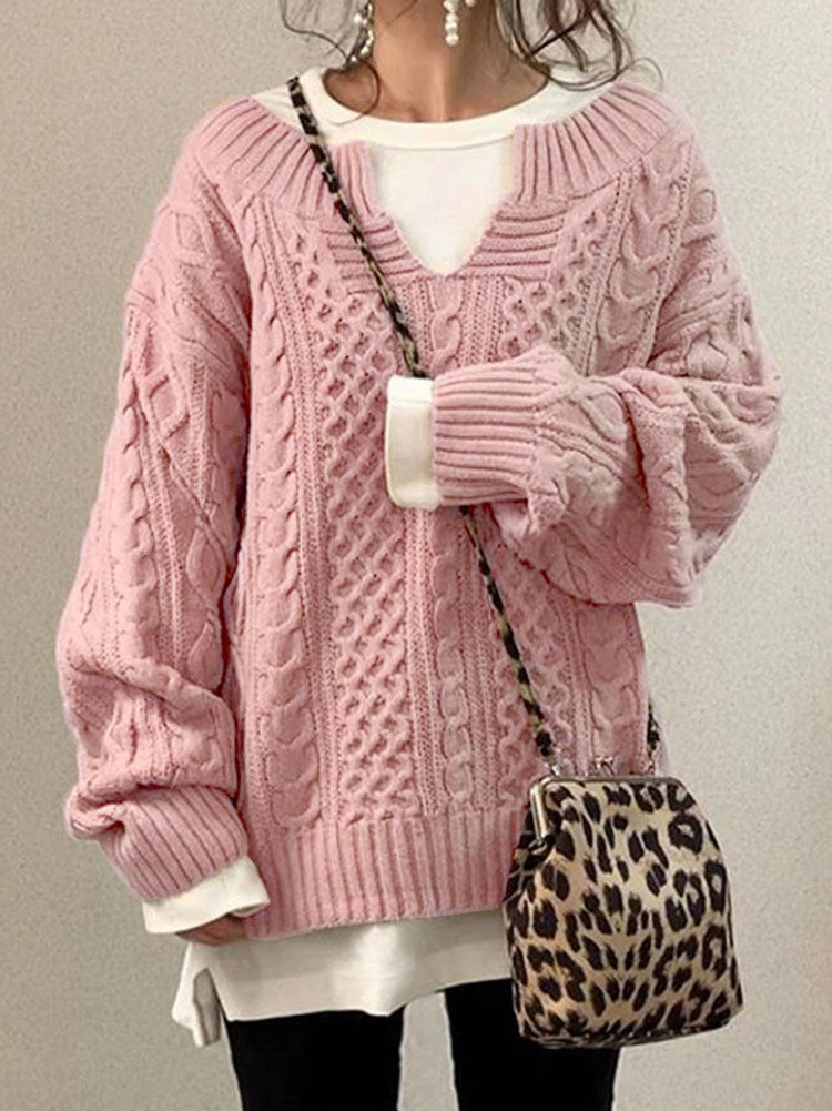 Women's Chunky Cable Knit Jumper - Notch Round Neck Sweater for Cozy Style