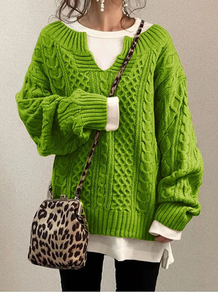 Women's Chunky Cable Knit Jumper - Notch Round Neck Sweater for Cozy Style