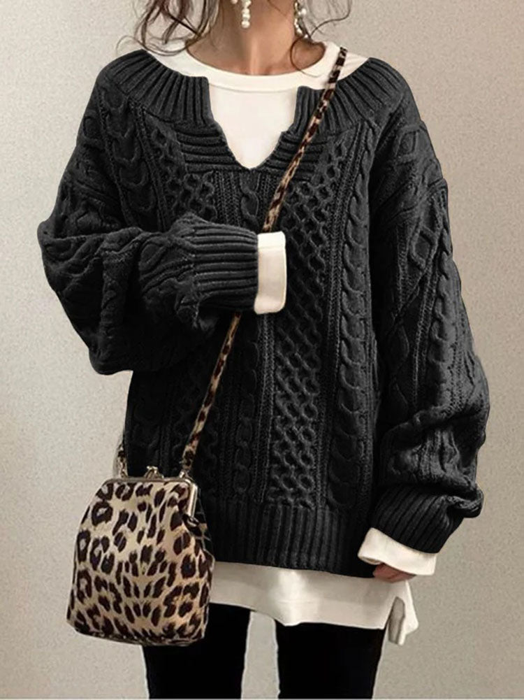 Women's Chunky Cable Knit Jumper - Notch Round Neck Sweater for Cozy Style