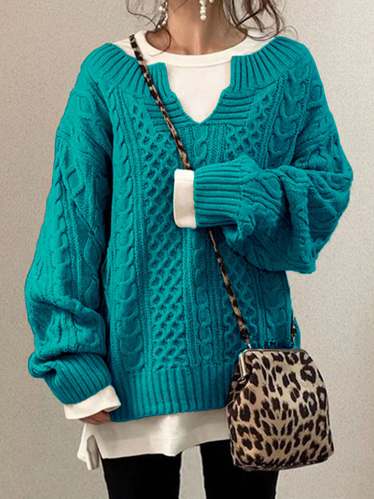 Women's Chunky Cable Knit Jumper - Notch Round Neck Sweater for Cozy Style