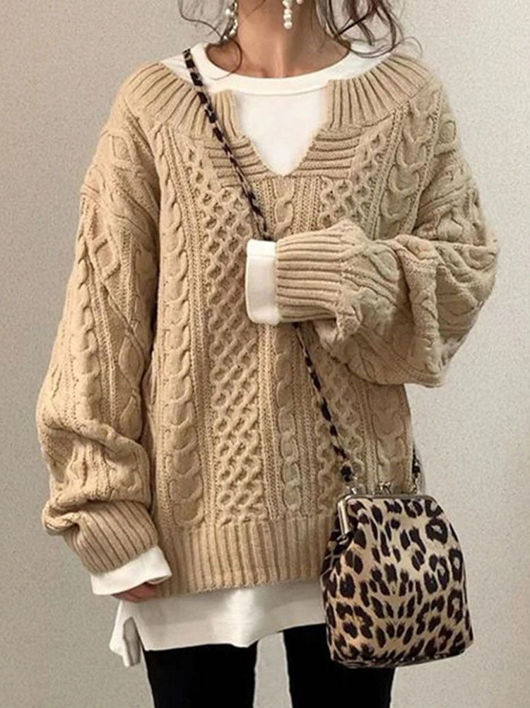 Women's Chunky Cable Knit Jumper - Notch Round Neck Sweater for Cozy Style