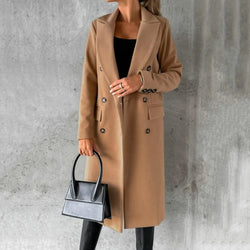 Women's Double-Breasted Long Trench Coat with Button Cuffs - Stylish & Classic Outerwear