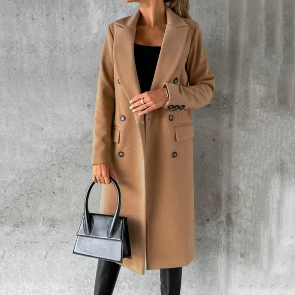 Women's Double-Breasted Long Trench Coat with Button Cuffs - Stylish & Classic Outerwear