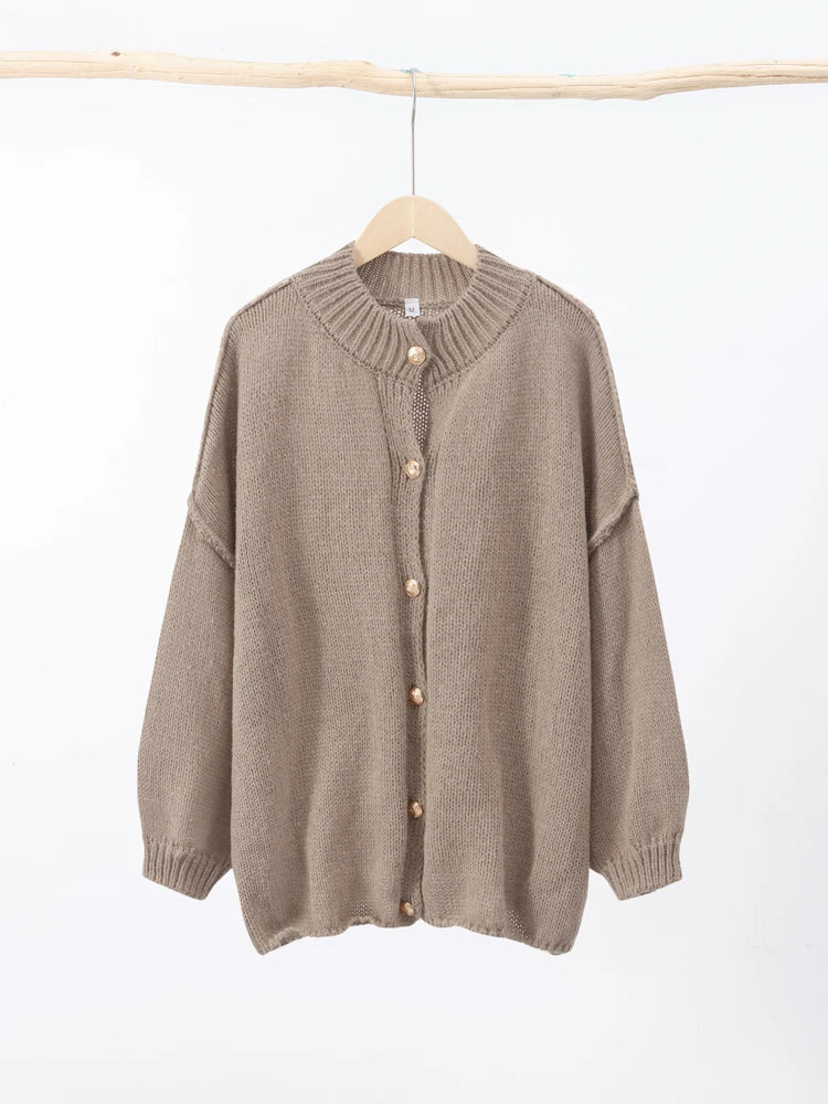 Women's Ribbed Neckline Button Cardigan - Cozy Knit Sweater with Cuffed Sleeves