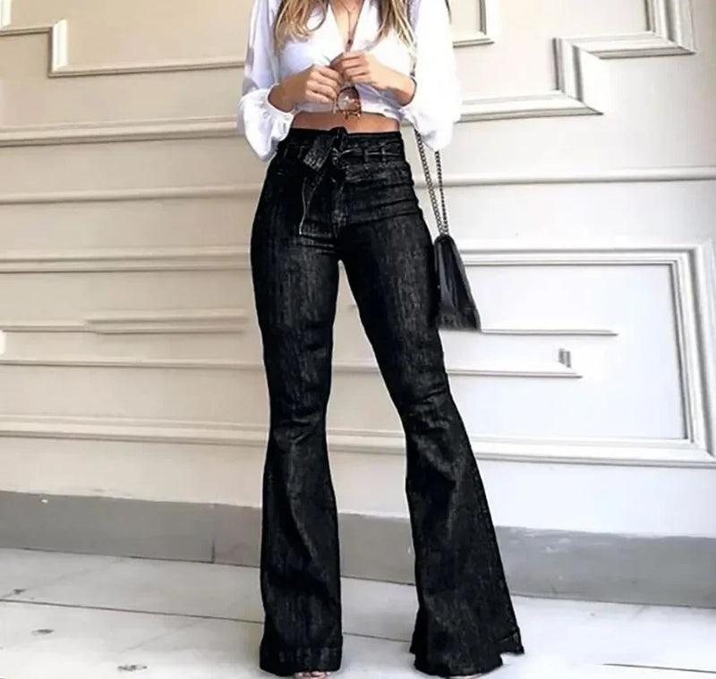 Women's High Waist Flare Jeans - Solid Color, Zipper Fly, Slim Fit with Flat Pockets & Patchwork Detail - Stylish Streetwear with Slight Stretch & Belt Loops