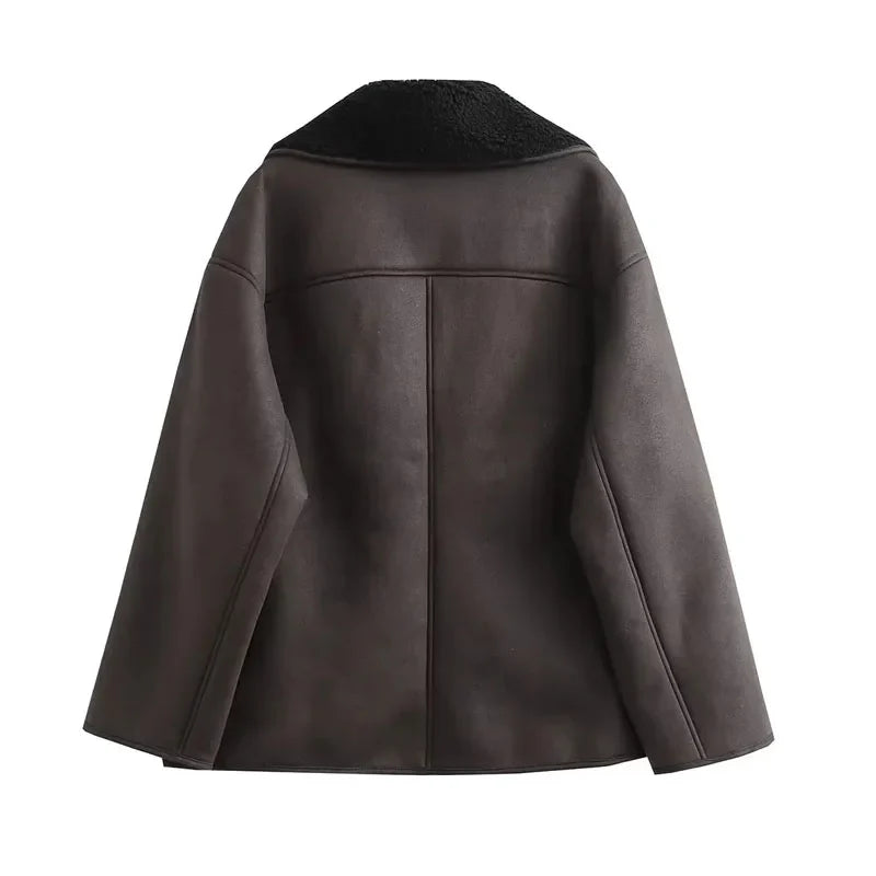 Women's Plush Lined Leather Winter Jacket with Wide Collar - Stylish & Warm Outerwear