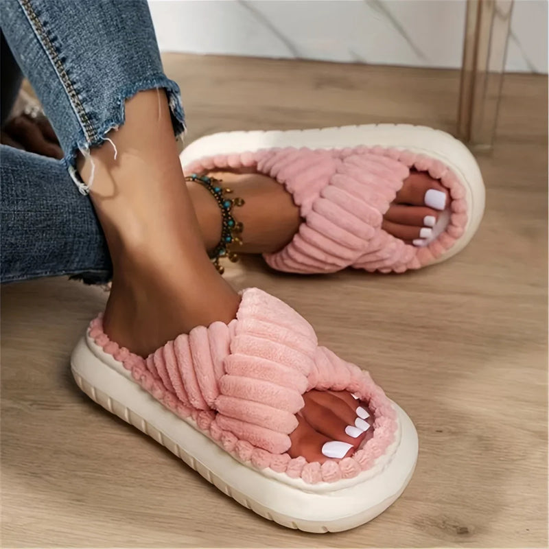Women's Plush Cross-Band Open Toe Slippers - Soft Cushioned Sole for Ultimate Comfort