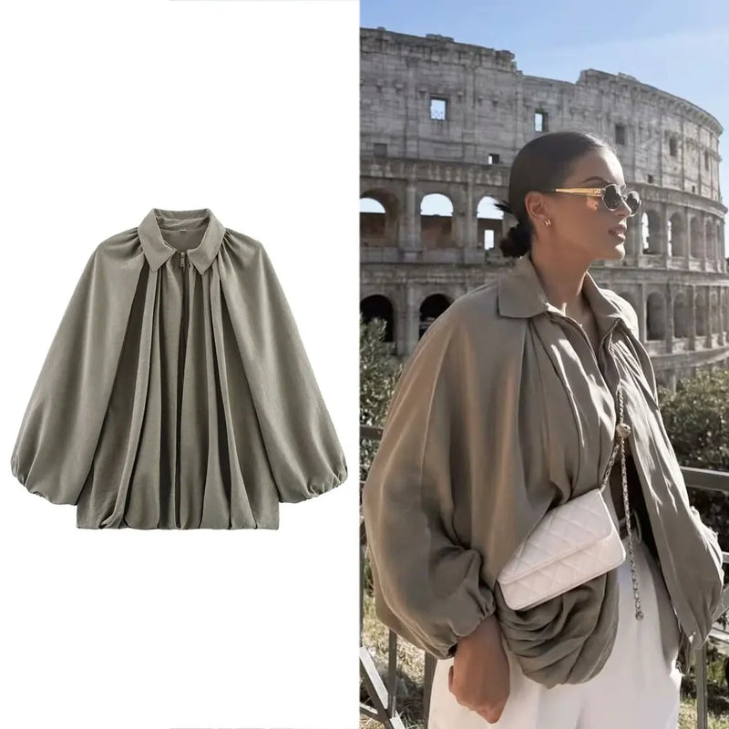 Women's Loose Fit Bomber Jacket - Long Puff Sleeves, Zip Front Closure, Stylish Casual Outerwear
