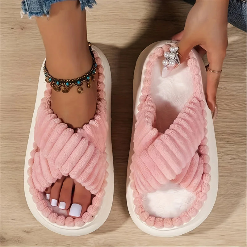 Women's Plush Cross-Band Open Toe Slippers - Soft Cushioned Sole for Ultimate Comfort