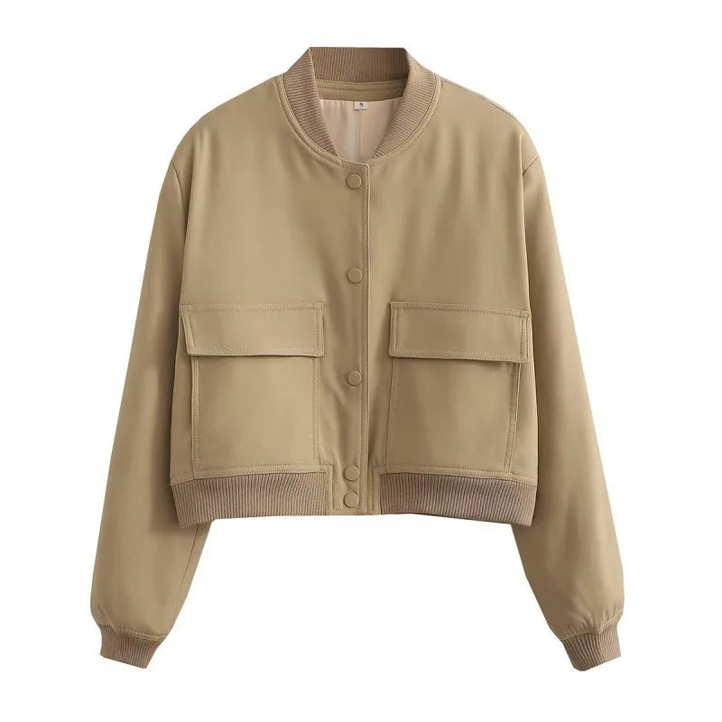 Women's Casual Bomber Jacket with Front Buttons & Flap Pockets - Stylish Lightweight Outerwear