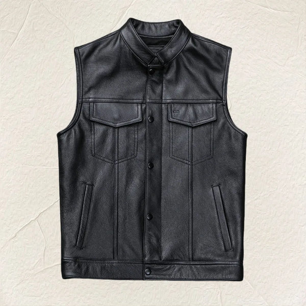 Men's Plus Size  Leather Vest - Zipper Stand Collar Soft Genuine Leather